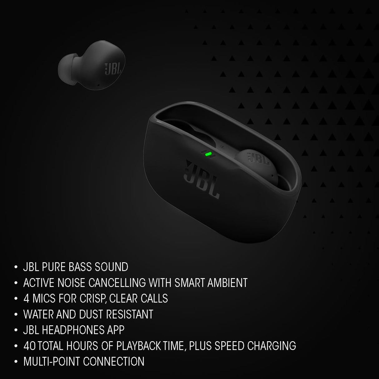 JBL Wave Buds 2, Auriculares True Wireless con cancelación de Ruido Activa, Bluetooth, hasta 40 hrs de autonomía, Sonido Pure Bass, Smart Ambient, conexión multipunto, Negro