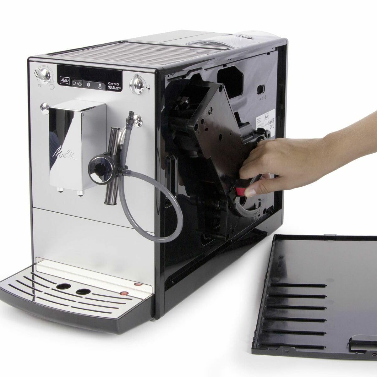 Melitta Solo&Perfect Milk E957-203, Cafetera Superautomática con Molinillo, Auto Capuchinador, 15 Bares, Café en Grano, Limpieza Automática, Personalizable, Plata