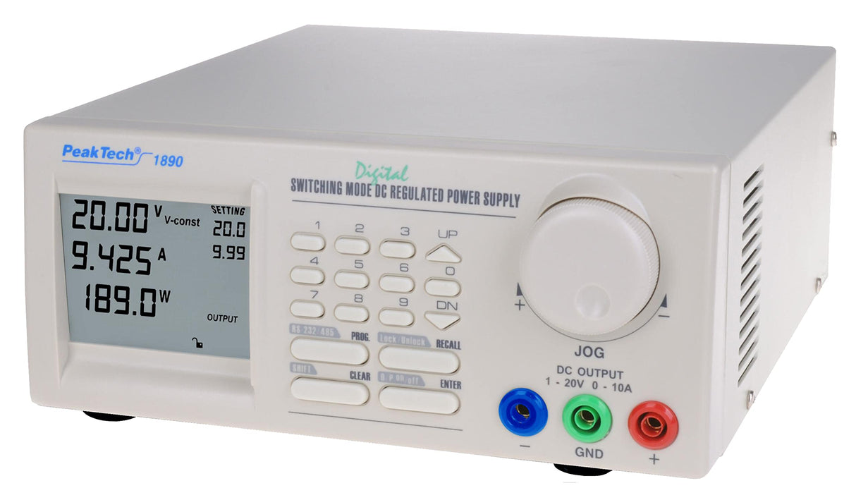 PeakTech, 1890, Fuente de alimentación conmutada CC Progr. 1-20 V/0-10 A CC incl. pantalla LCD de 4 dígitos, transformador con puerto USB y RS-232/485, fuente de alimentación de laboratorio