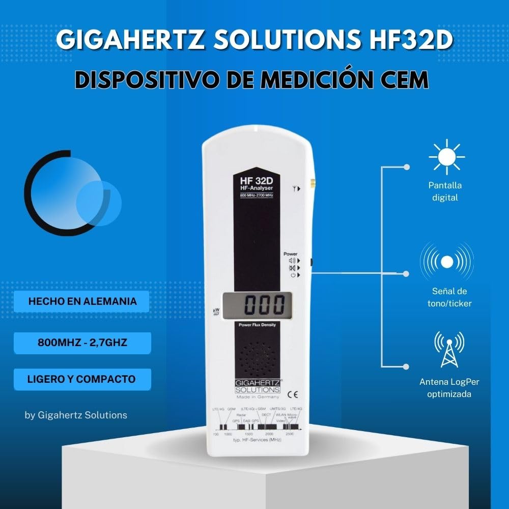 Gigahertz Solutions HF32D - Medidor de campo electromagnético (alta frecuencia, 800 MHz - 2.5 GHz, incluye telefonía móvil GSM)