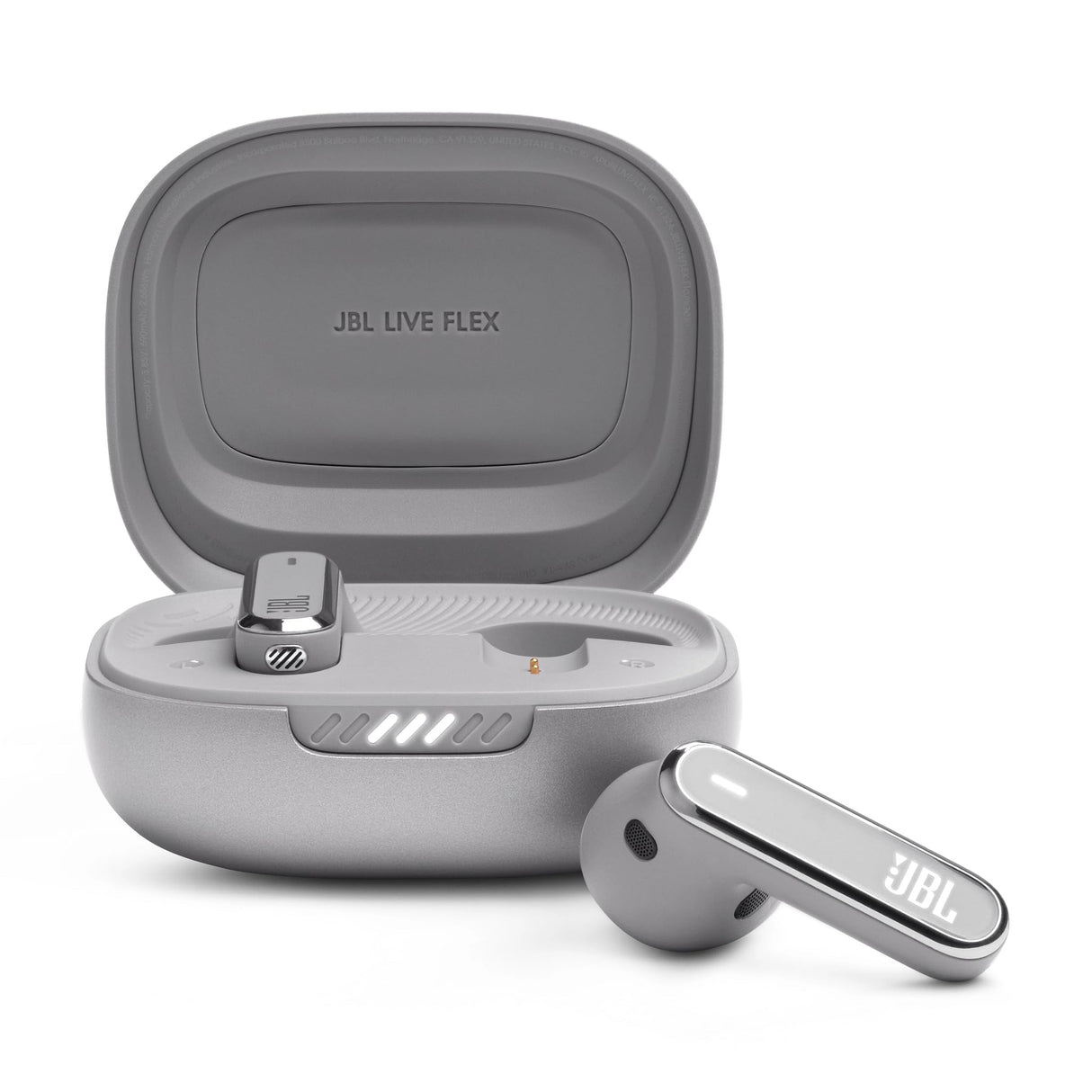 JBL Live Flex, Auriculares In Ear inalámbricos con estuche de carga inteligente, tecnología Bluetooth y de cancelación adaptativa de ruido, llamadas manos libres y hasta 40 horas de autonomía, plata