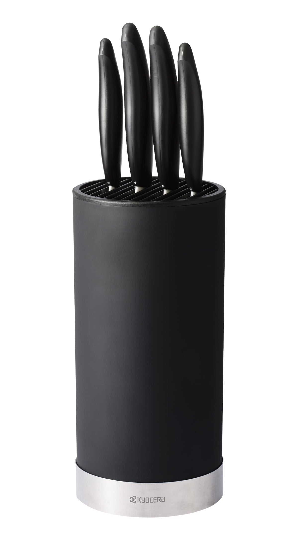KYOCERA Juego de cuchillos de cerámica con cuchillo de pelar GEN, cuchillo multiusos, cuchillo universal y cuchillo Santoku y bloque de cuchillos redondo para 8 cuchillos, KB-RD BK 4KN FK EU