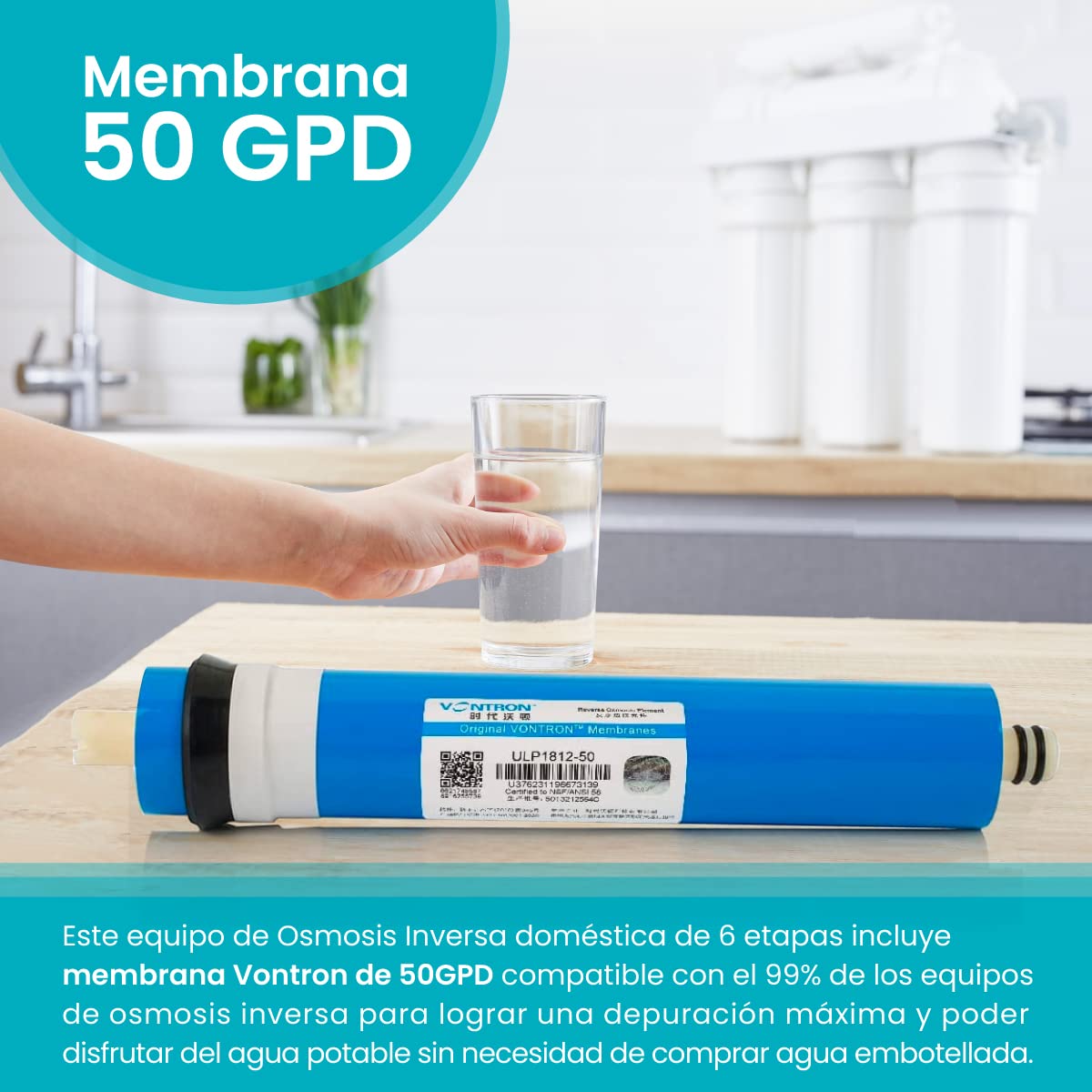 NATURE WATER PROFESSIONALS Equipo de Osmosis Inversa - Kit para Osmosis de 6 Etapas - Capacidad para 5 L - Incluye Membrana Vontron de 50GPD, Deposito y Filtros