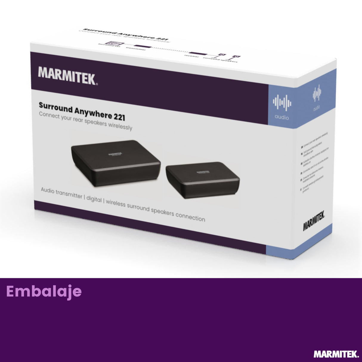 Marmitek - Transmisor de Audio Para Altavoces, Surround Anywhere 221, Transmisión Digital sin Latencia, Conexión Inalámbrica de Altavoces Envolventes, Conecte dos Altavoces de Forma Inalámbrica