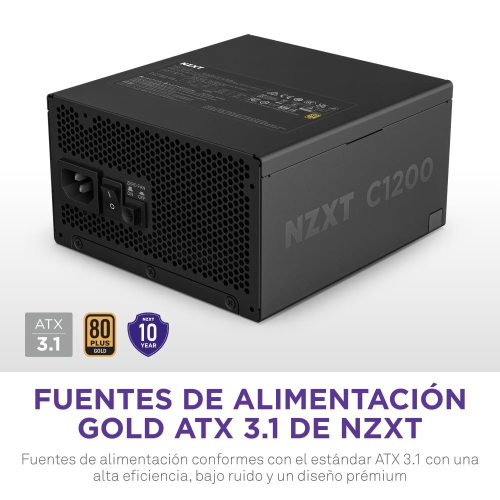 NZXT C1200 Gold ATX 3.1 - Fuente de alimentación para PC Gaming Totalmente Modular de bajo Ruido - 1200 W - 80 Plus Gold - Conector 2×6 de 12 V - Condensadores 100% japoneses - Negra