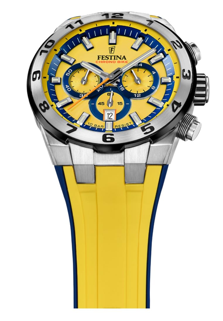 Festina Reloj Hombre F20671/4 Chrono Bike Caja de Acero Inoxidable 316l Plateado Correa de Caucho Amarillo
