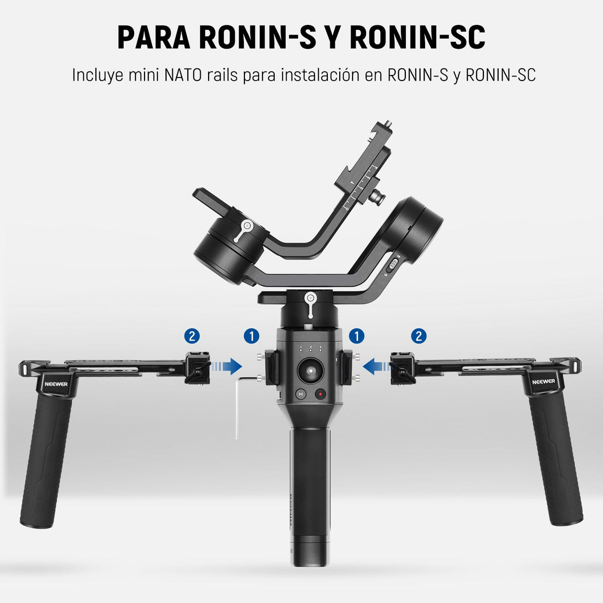 NEEWER Mango dual compatible con DJI RS4 RS4 Pro RS3 RS3 Pro RS2 RSC2 Ronin S SC cardán, kit de doble mango con 2 mini rieles NATO, abrazaderas NATO de liberación rápida, roscas de 1/4 y 3/8 pulgadas,