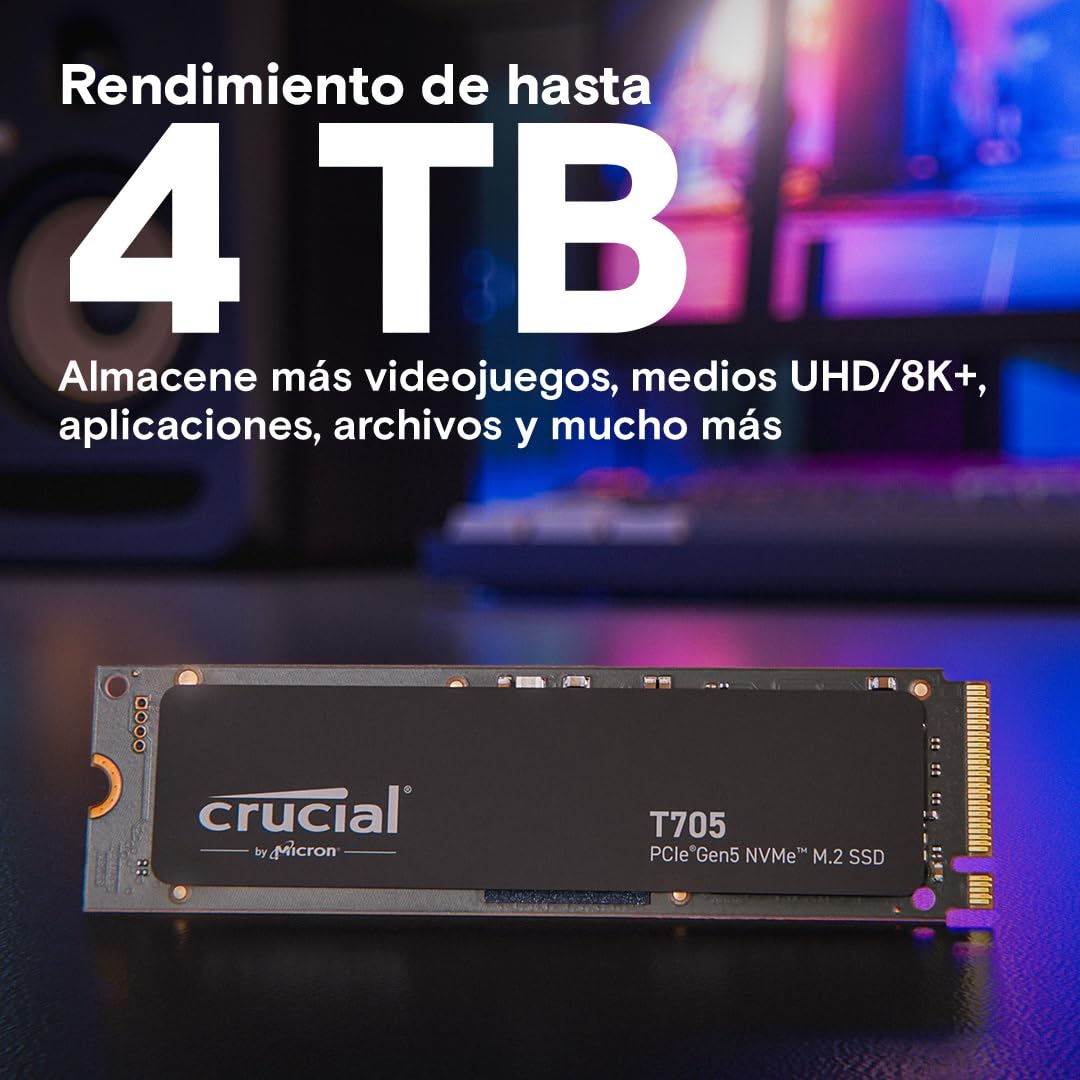 Crucial T705 SSD 2TB PCIe Gen5 NVMe M.2 SSD Interno Gaming, hasta 14.500MB/s, Microsoft DirectStorage, Compatibilidad PCIe 4.0, Disco Duro SSD - CT2000T705SSD3