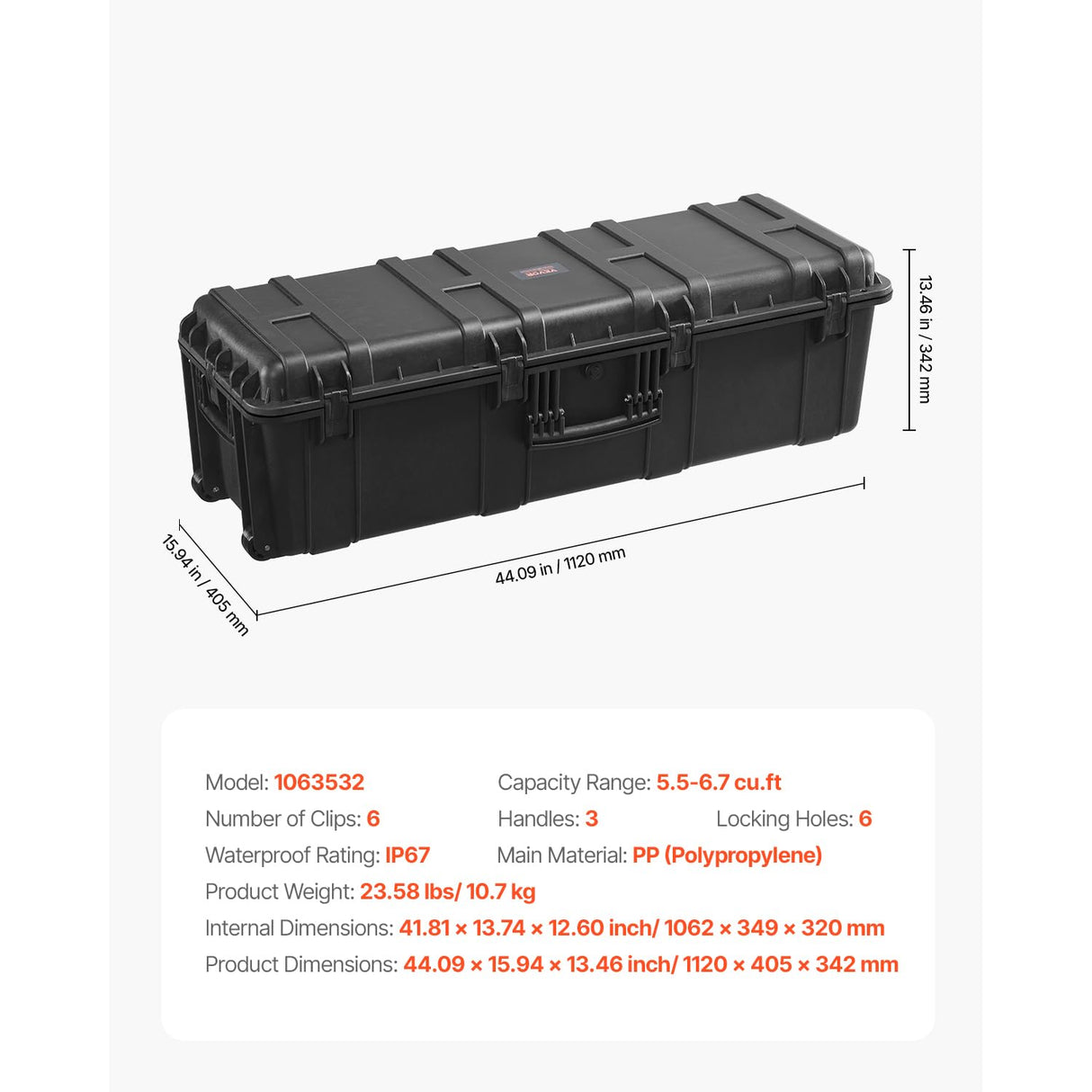 VEVOR Estuche Rígido Impermeable de 1120 x 405 x 342 mm de Gran Capacidad con 3 Asas, Estuche Protector IP67 con 6 Clips, 6 Orificios para Candado y Espuma Insertada para Equipos Grandes, Negro