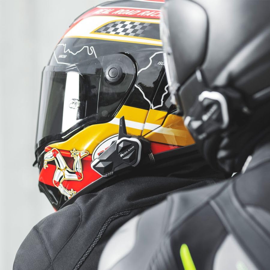 MIDLAND - R1 Mesh Intercomunicador Casco Moto, 2 Auriculares Inalámbricos Bluetooth + Mesh, Waterproof IPX6, Alcance 500m, 23H, Audio RCF, Stereo Background, Compatible con TFT y Radio FM, 6 Personas