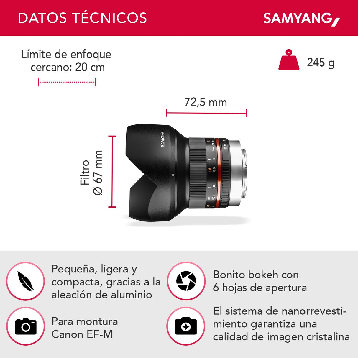 Samyang CSC-Mirrorless - Objetivo fotográfico (12 mm, F2.0 NCS, CS), negro