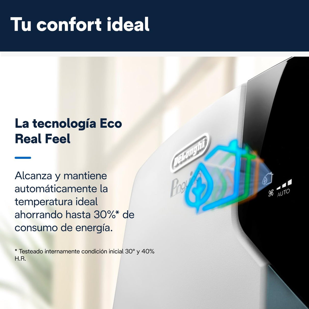 De'Longhi Pinguino PAC EX105+++, Aire Acondicionado Portátil con Tecnología EcoRealFeel, 10.000 BTU/h, 2,5kW, hasta 100m³, Función Deshumidificador y Ventilación, Clase A+++