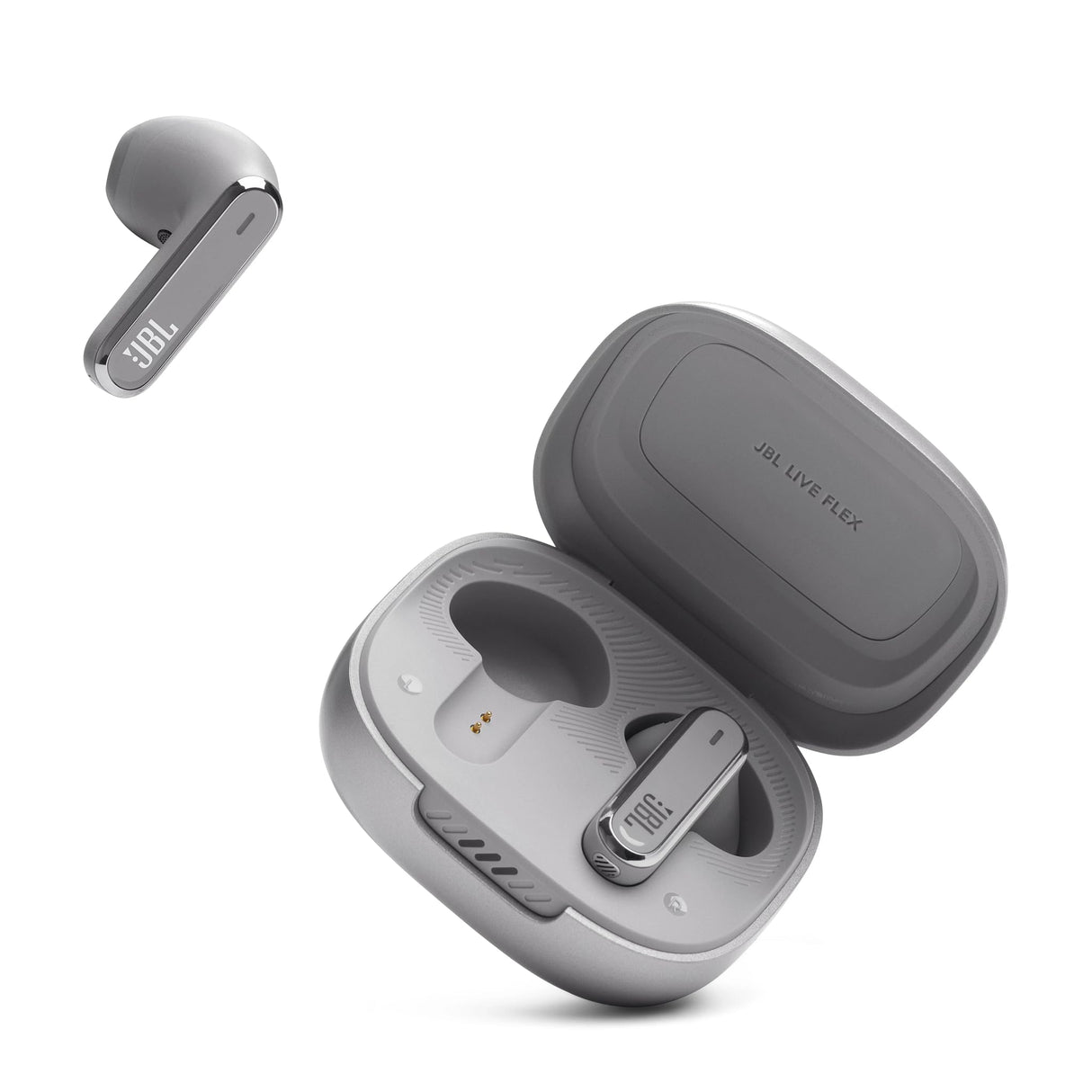JBL Live Flex, Auriculares In Ear inalámbricos con estuche de carga inteligente, tecnología Bluetooth y de cancelación adaptativa de ruido, llamadas manos libres y hasta 40 horas de autonomía, plata