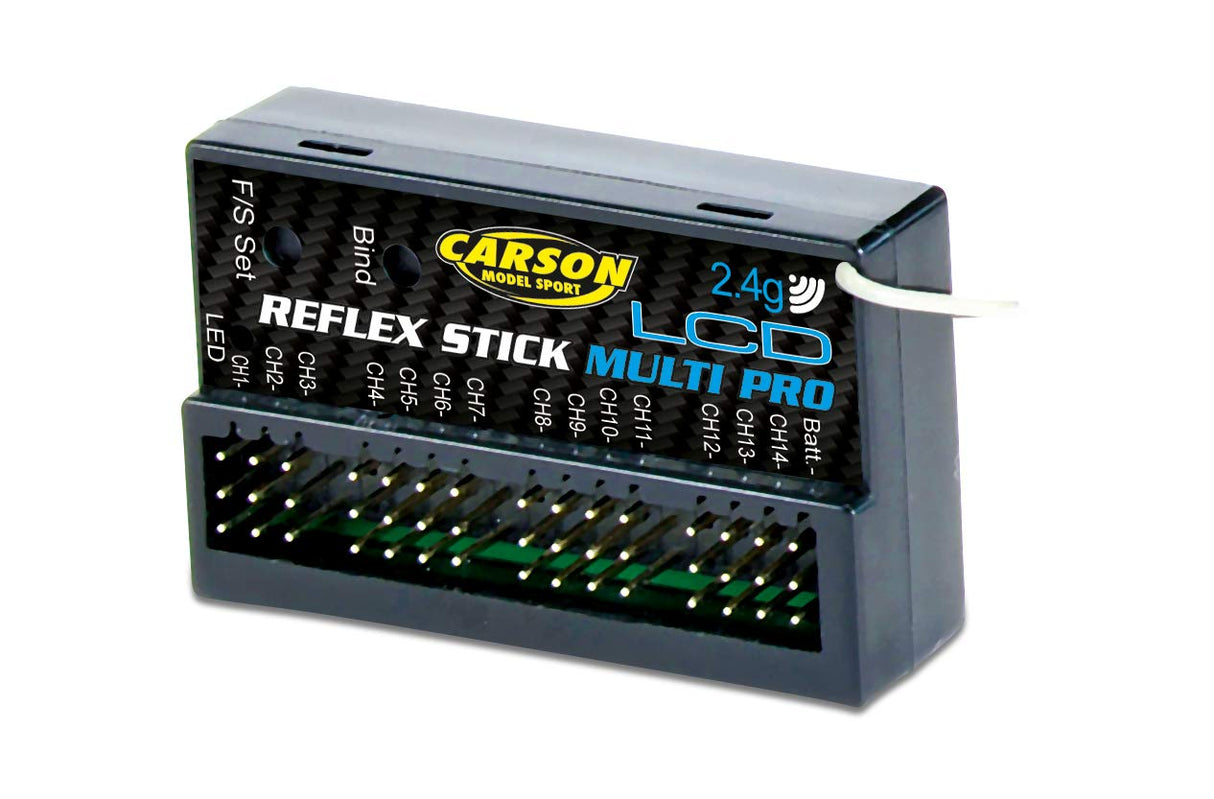 Carson 500501004 FS Reflex Stick Multi Pro LCD 2.4 GHz – 14 Canales Control Remoto Mando a Distancia con Receptor para vehículos de construcción de maquetas como Coches RC y Barcos