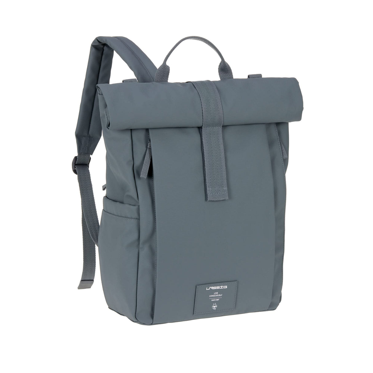 LÄSSIG Mochila cambiador para bebé Bolso cambiador Mochila con cambiador, fijación para cochecito, portabiberón de producción sostenible/GRE Rolltop Up Backpack anthracite