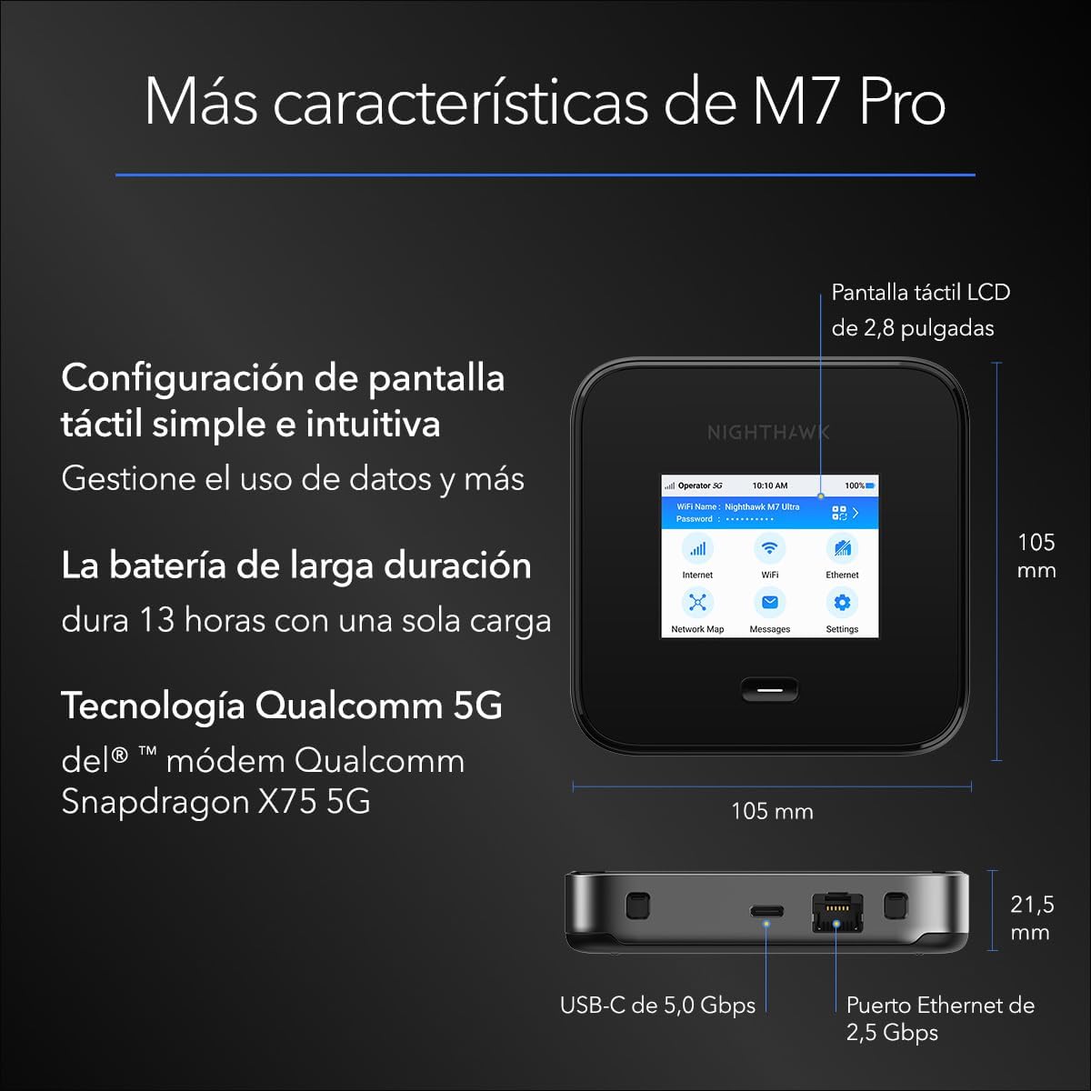 NETGEAR Nighthawk WiFi Portatil | Router 5G Sim Portatil | M7 Pro WiFi 6 | 5G Hotspot Desbloqueado con Ranura SIM, comparte hasta 32 Dispositivos, Ideal para hogar o Negocio (MR7450)
