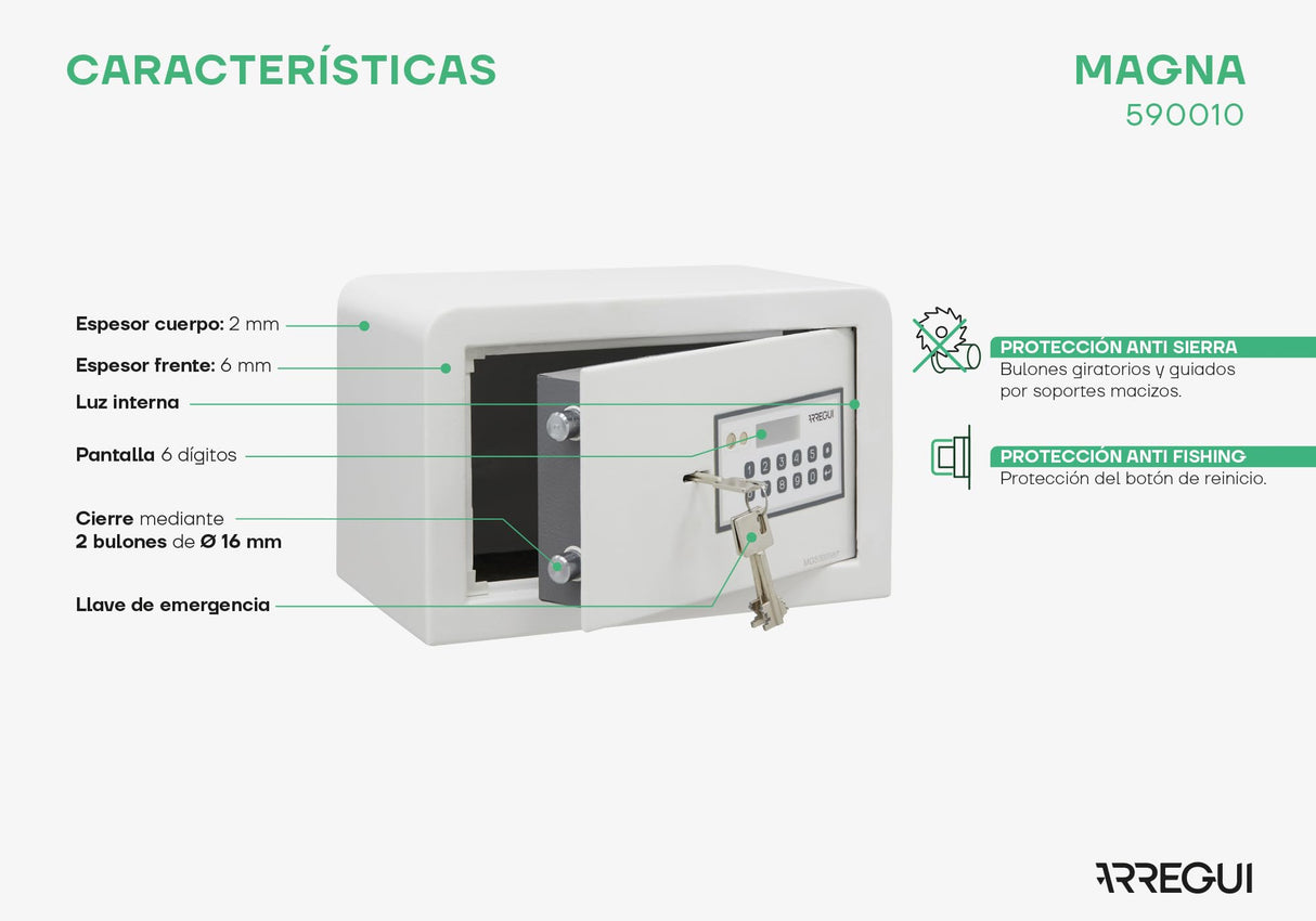 ARREGUI Magna 590010 Caja Fuerte con Cerradura de Doble Seguridad | Caja de Seguridad de Apertura con Codigo más Llave | Caja Fuerte Pequeña para Casa, Hogar, Negocios | 20x31x20 cm | 8 L