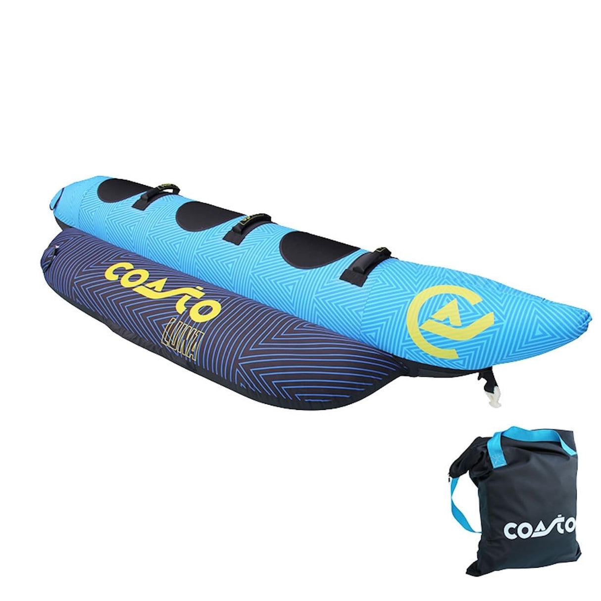 Boya remolcada Coasto Luna - PB-CBLUNA3 - para 3 Personas - Forma : Banana Dimensiones : 300x100 cm Capacidad : 3 Personas Construcción : PVC 28G + Nylon 840D Bolsa de Transporte incluida