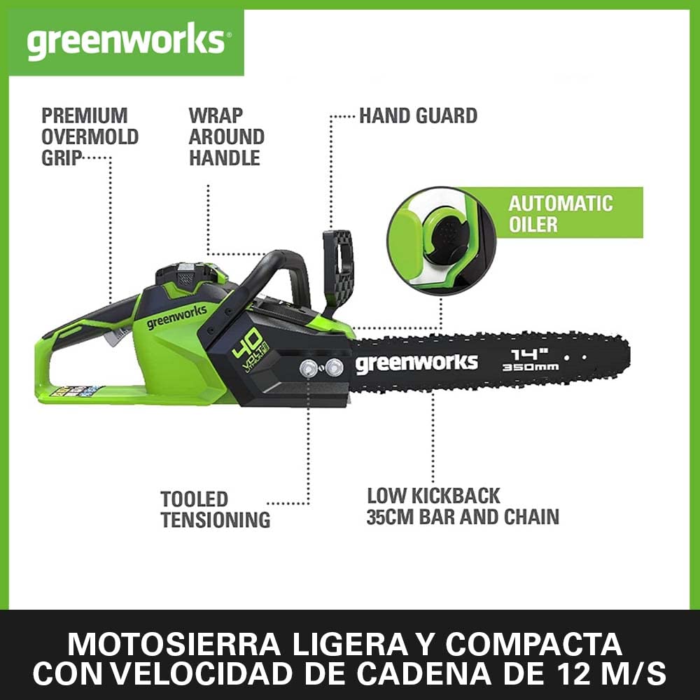 Greenworks GD40CS15K2X Motosierra a Batería, Motor sin Escobillas, Largo de Barra 14 Pulgada (35cm), Velocidad de Cadena 12 m/s, 3,5 kg, Protección de Retroceso, 2 x Baterías 40V 2Ah y Cargador