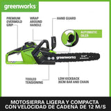 Greenworks GD40CS15K2X Motosierra a Batería, Motor sin Escobillas, Largo de Barra 14 Pulgada (35cm), Velocidad de Cadena 12 m/s, 3,5 kg, Protección de Retroceso, 2 x Baterías 40V 2Ah y Cargador