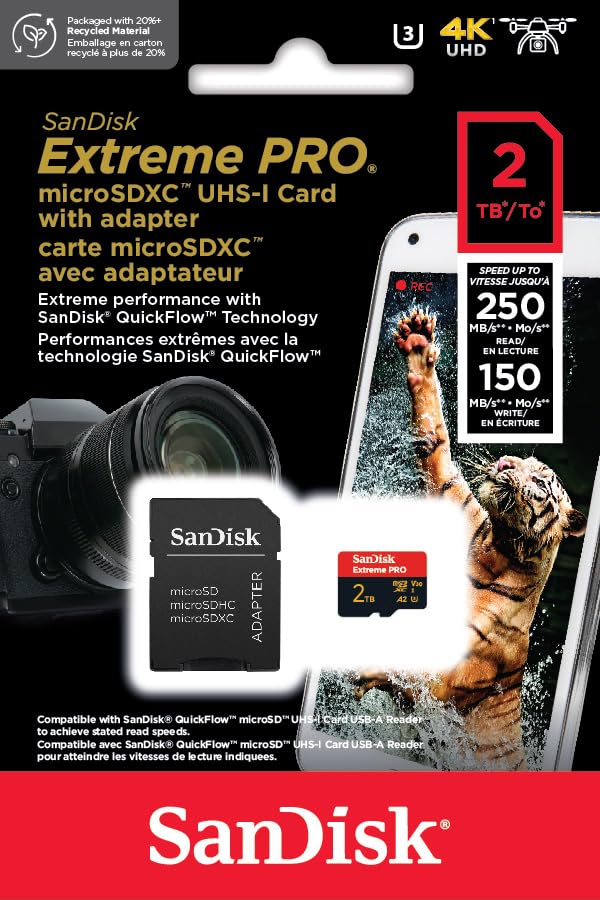 SanDisk Extreme Pro Tarjeta Micro SDXC 2TB + Adaptador SD (para Cámaras de acción, Drones, Smartphones, Velocidad hasta 250 MB/s, 5K, 4K UHD, El Rendimiento A2, RescuePRO Deluxe, UHS-I, U3, V30)