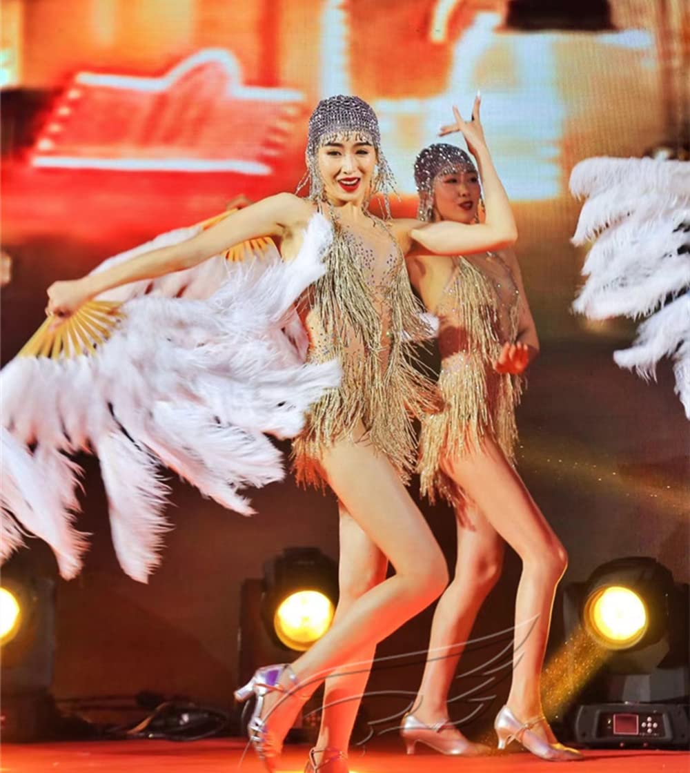 YUANTONG Body de diamantes de imitación dorado para mujer, con flecos, top de baile, leotardo, drag Queen, trajes