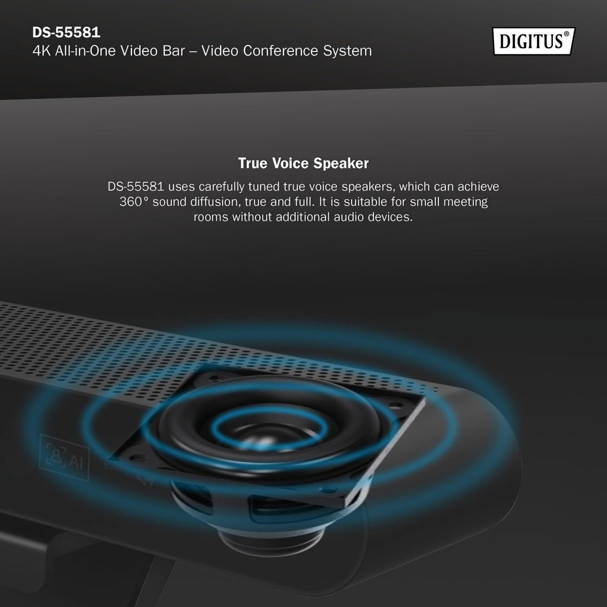 DIGITUS DS-55581 Video Bar Mini, Sistema de videoconferencia - Cámara Webcam 4K UHD 30 Hz ePTZ - 2 Micrófonos internos - Altavoz Interno 2 W - Autoenfoque y Zoom, Cancelación de Eco