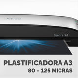 Fellowes Spectra A3 - Plastificadora de documentos, 80-125 micras, para uso ocasional, libre de atascos, color negro y plateado, 10 fundas de plastificar gratis
