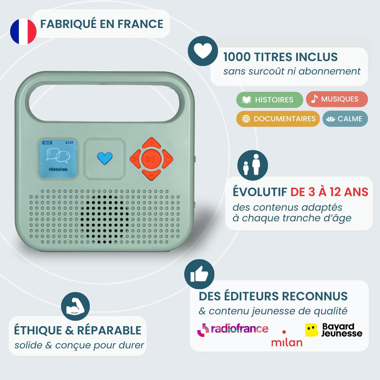 MERLIN - Caja de Historias con 1000 títulos incluidos - Contenido Bayard Milan & Radio France - 3-12 años - Verde Almendra - Versión 2