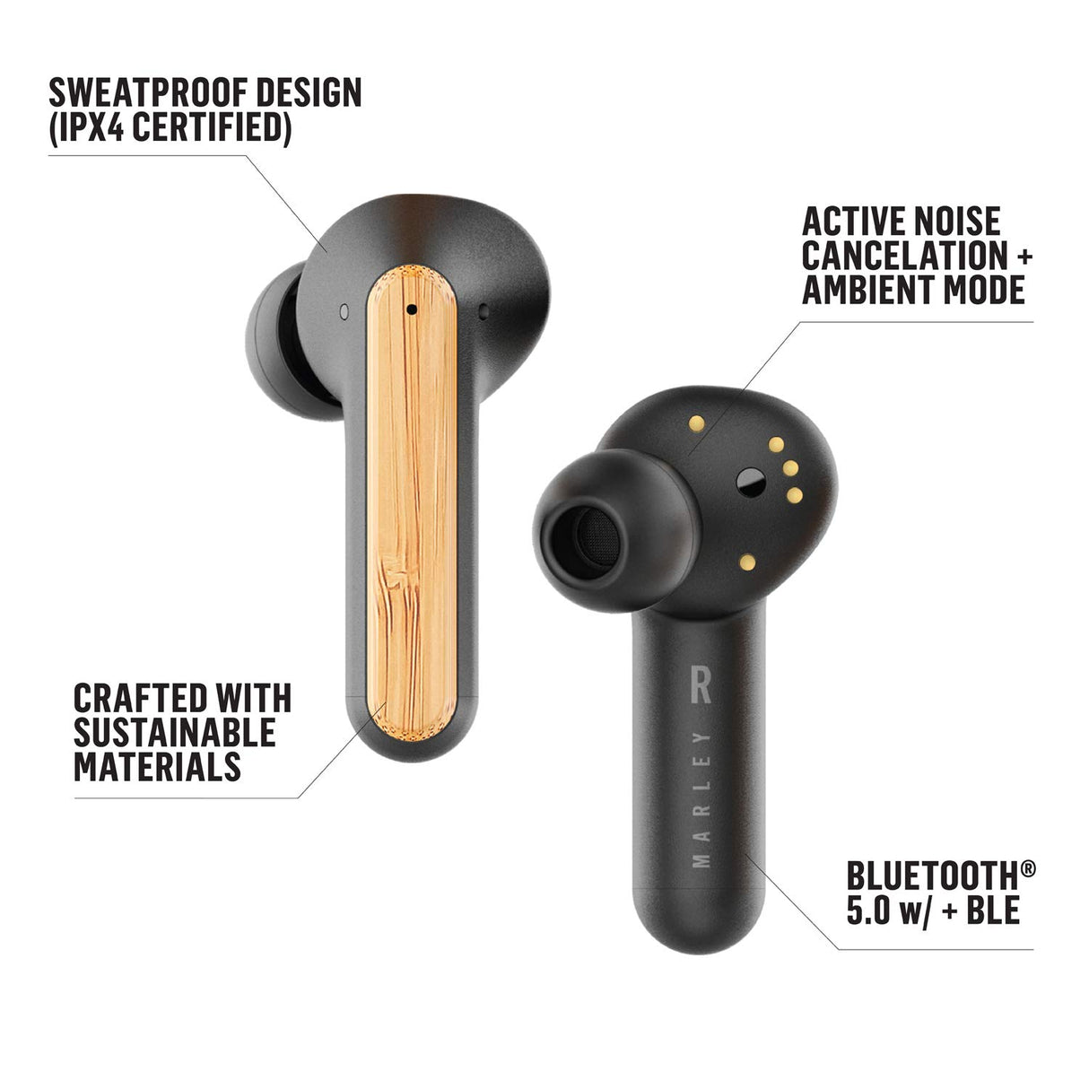 Marley Redemption ANC - Cancelación activa de ruido, auriculares inalámbricos Bluetooth, 28 h de reproducción, carga rápida USB-C, bambú respetuoso con el medio ambiente, negro