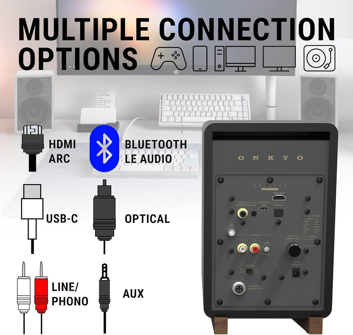 ONKYO Creator Series GX-30ARC Powered Speakers, White - 4" woofer, HDMI ARC, USB/C, Line/Phono, Optical Ports, Bluetooth 5.3 Audio connectivity