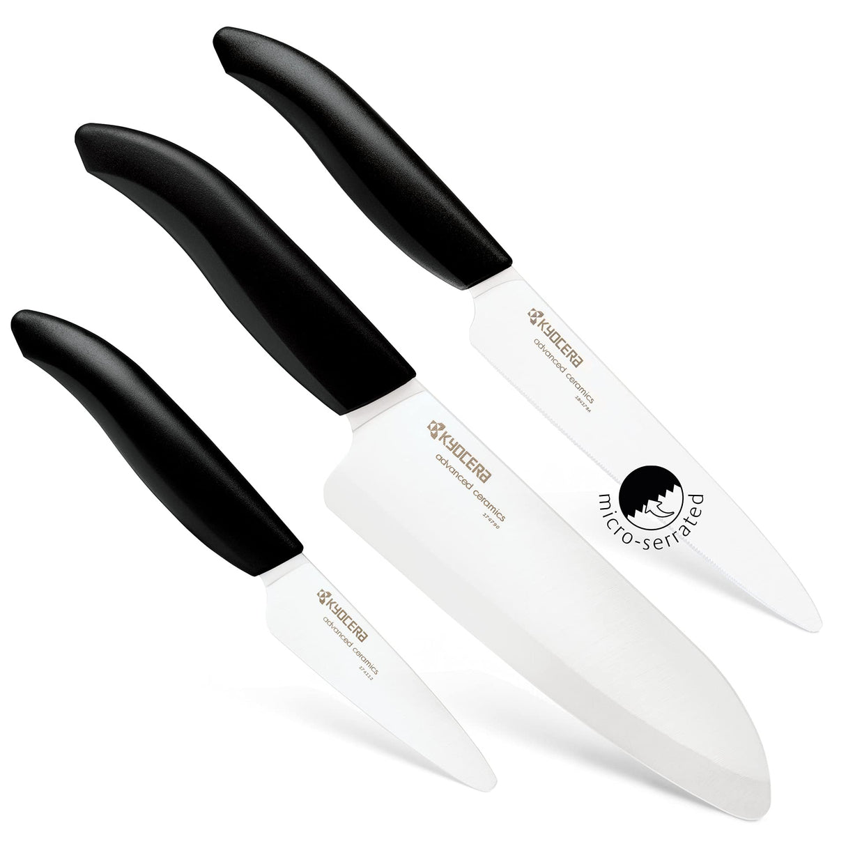 Kyocera Juego de 3 cuchillos, Cuchillo para pelar 7.5 cm, Cuchillo tomate 12.5 cm, Cuchillo Santoku 16 cm, hoja de cerámica de circonio afilada, afilada a mano, ligera, no corrosiva