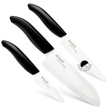 Kyocera Juego de 3 cuchillos, Cuchillo para pelar 7.5 cm, Cuchillo tomate 12.5 cm, Cuchillo Santoku 16 cm, hoja de cerámica de circonio afilada, afilada a mano, ligera, no corrosiva