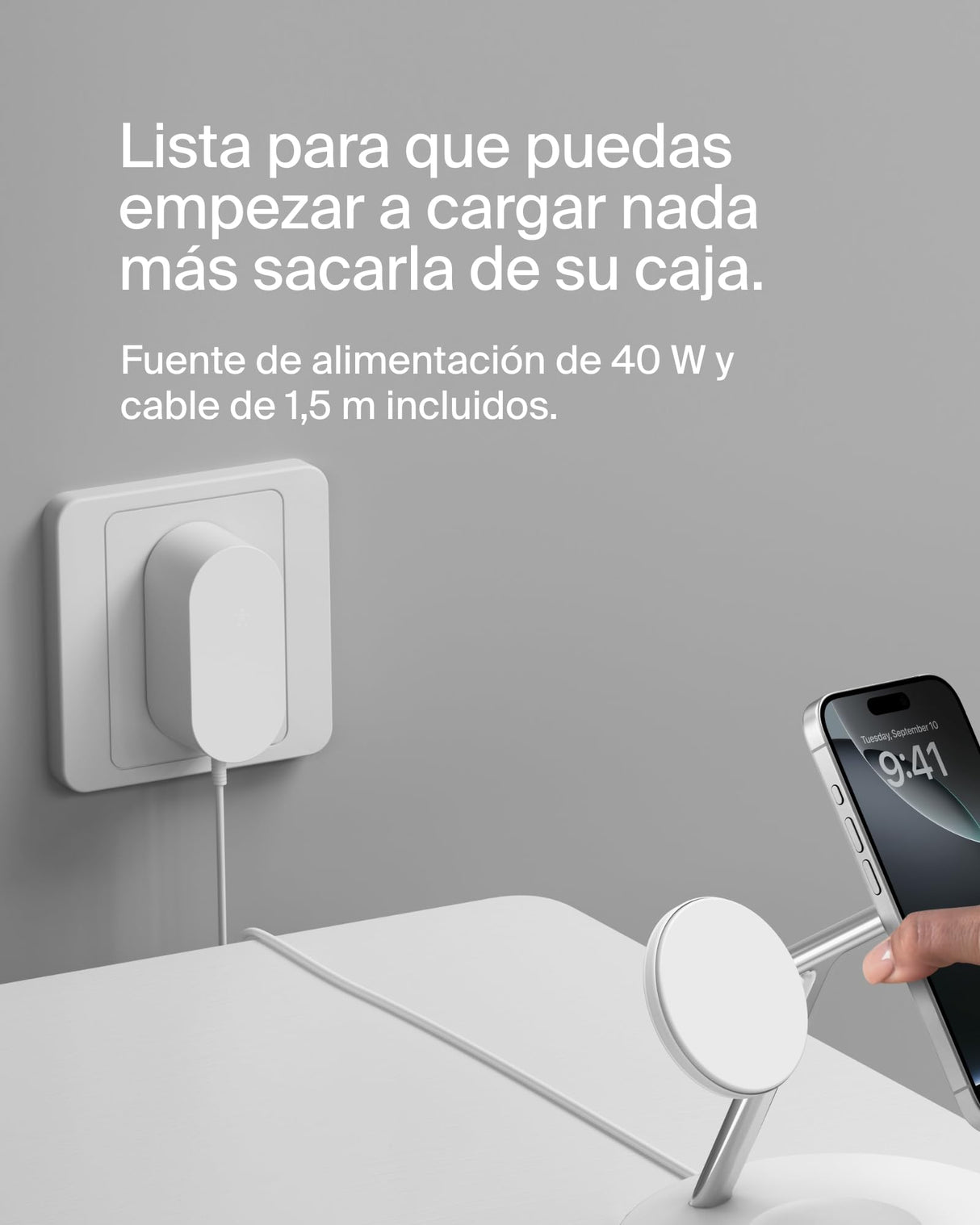 Belkin BoostCharge cargador Qi2 3 en 1, estación de carga inalámbrica con MagSafe, base de carga Qi2 para iPhone 16 Series, Apple Watch, AirPods, soporte antideslizante, fuente de alimentación, Blanco
