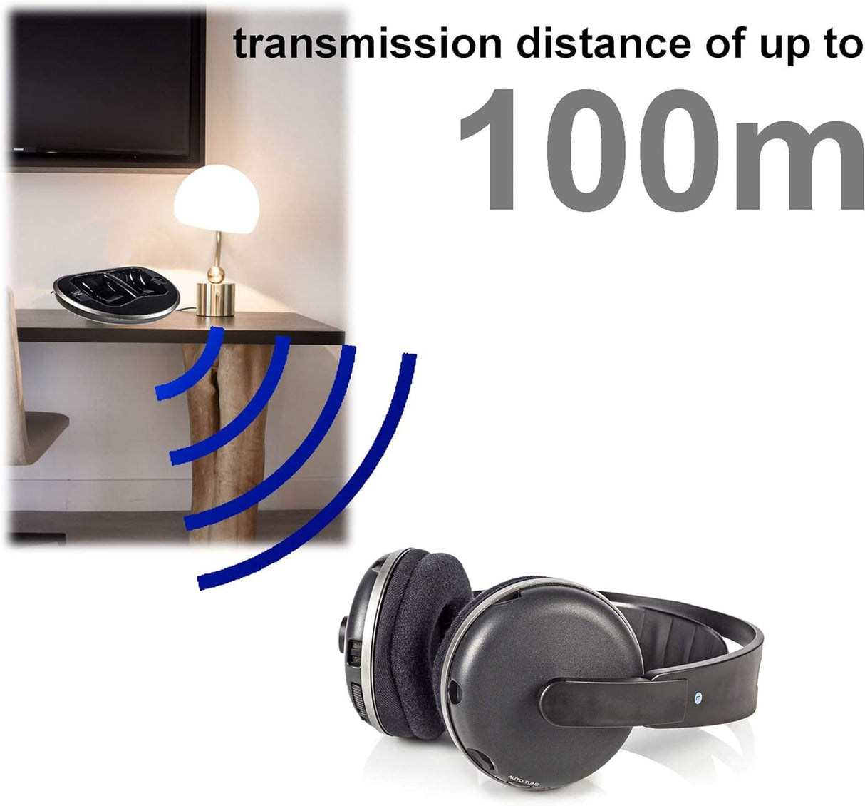 NEDIS Wireless TV Headphones | RF | Over-Ear | Maximum Battery Play Time: 11 hrs | 100 m | Digital Audio | Charging Dock | Black/Silver