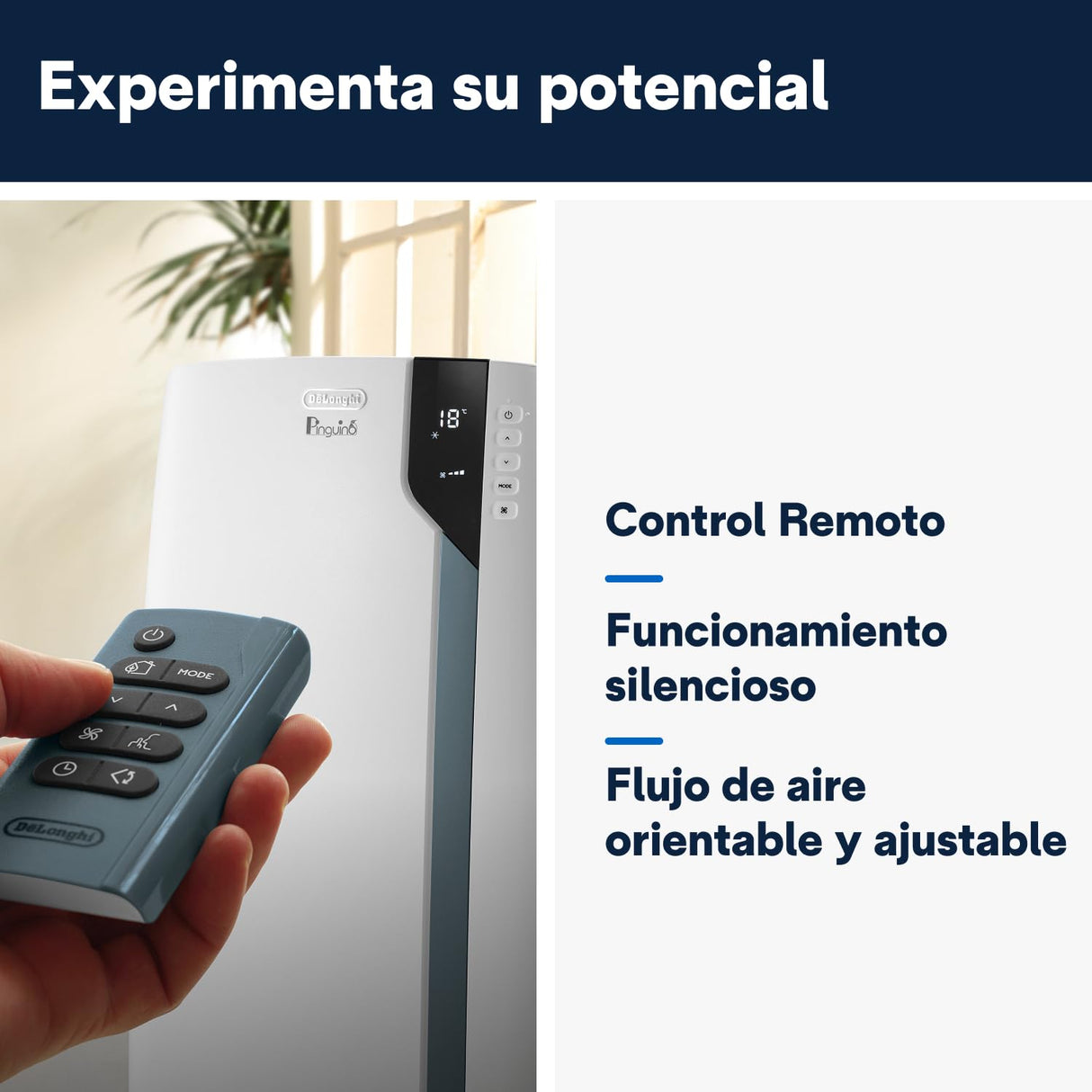 De'Longhi Pinguino PAC EX105+++, Aire Acondicionado Portátil con Tecnología EcoRealFeel, 10.000 BTU/h, 2,5kW, hasta 100m³, Función Deshumidificador y Ventilación, Clase A+++