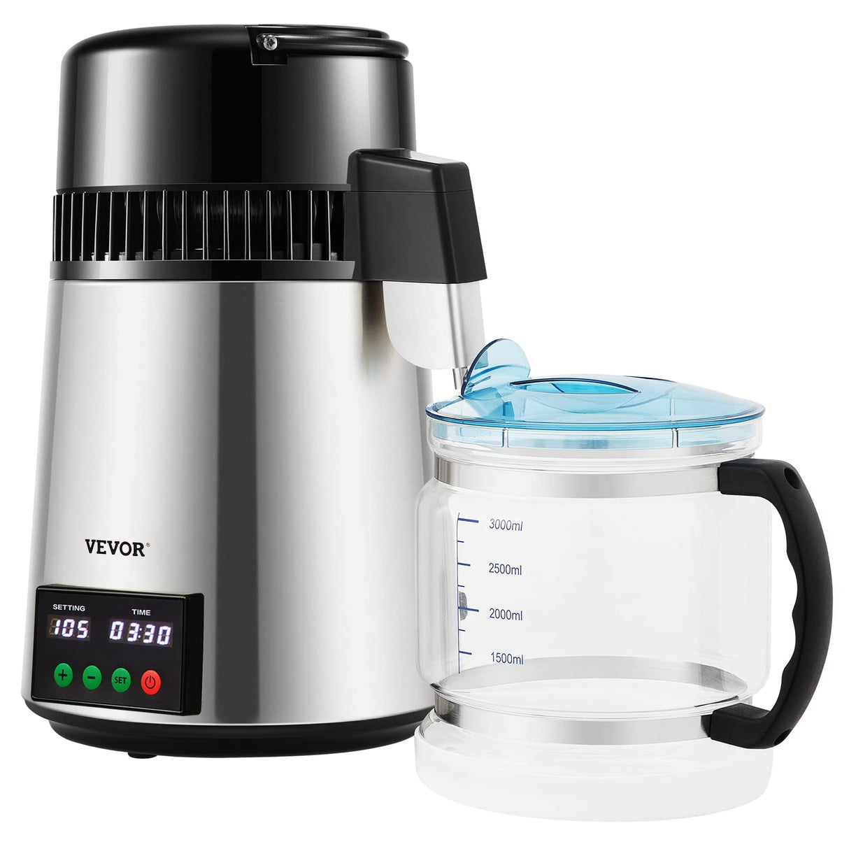 VEVOR Destilador de Agua 4 L Filtro de Destilación de Agua con Recipiente de Vidrio 750W 1 L/H Ajuste de Velocidad, Destilación Filtro Purificador 7,9 lbs de Acero Inoxidable con Pantalla Doble, Plata