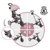 Globber Tricycle Explorer 4 en 1 - Triciclo Plegable y escalable en draisiana para niños de 10 Meses a 5 años - Pastel Rose