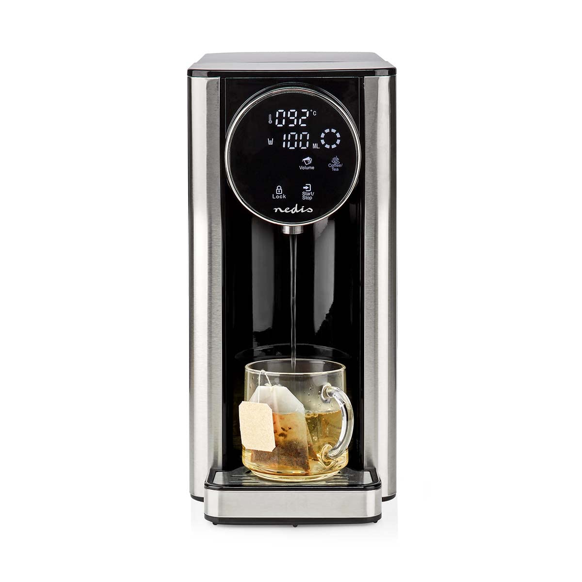 Nedis KAWD310FBK dispensador de agua caliente – depósito de 2,7 L – 2600 W de potencia – calentamiento rápido – control táctil – aluminio/negro