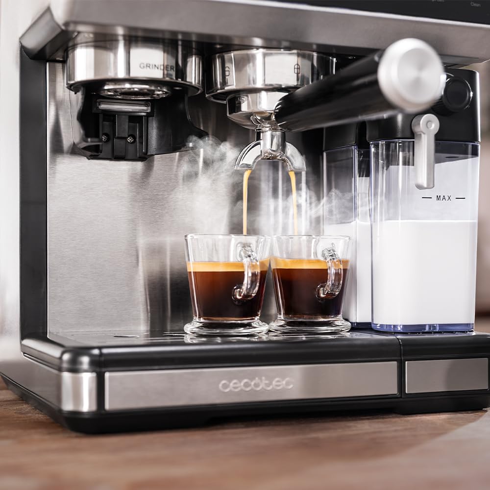 Cecotec Cafetera Express Barista Power Espresso 20 Barista Grind & Latte. 1350W, 20 Bares, Molinillo Cónico, 2.6L Depósito Agua, 100g Café y 500ml Leche, Pantalla Táctil, Autolimpieza, Personalizado