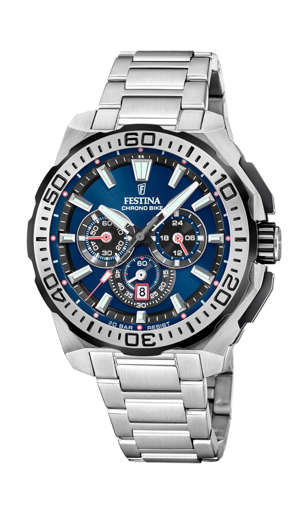FESTINA Reloj Hombre Analógico de Acero Inoxidable 316l Plateado - Movimiento de Cuarzo - Cronógrafo - Calendario - Cristal Mineral de Alta Resistencia - Resistente al Agua 20 ATM F20724/2 Chrono Bike