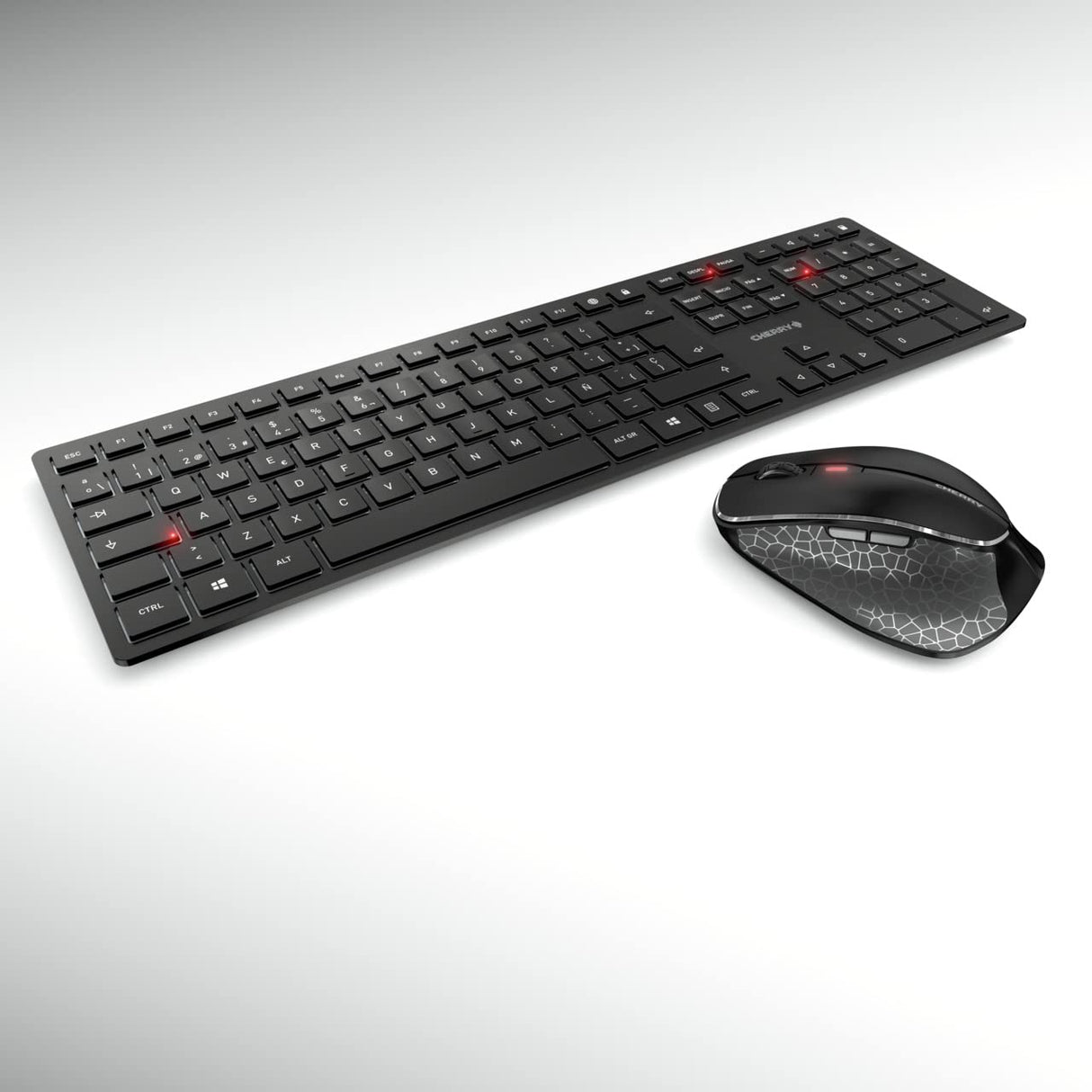 CHERRY DW 9500 SLIM, Set Inalámbrico de Escritorio, Teclado Español (QWERTY), Conexión Inalámbrica Bluetooth o 2.4 GHz, Ratón Ergonómico para Diestro, Negro/Gris