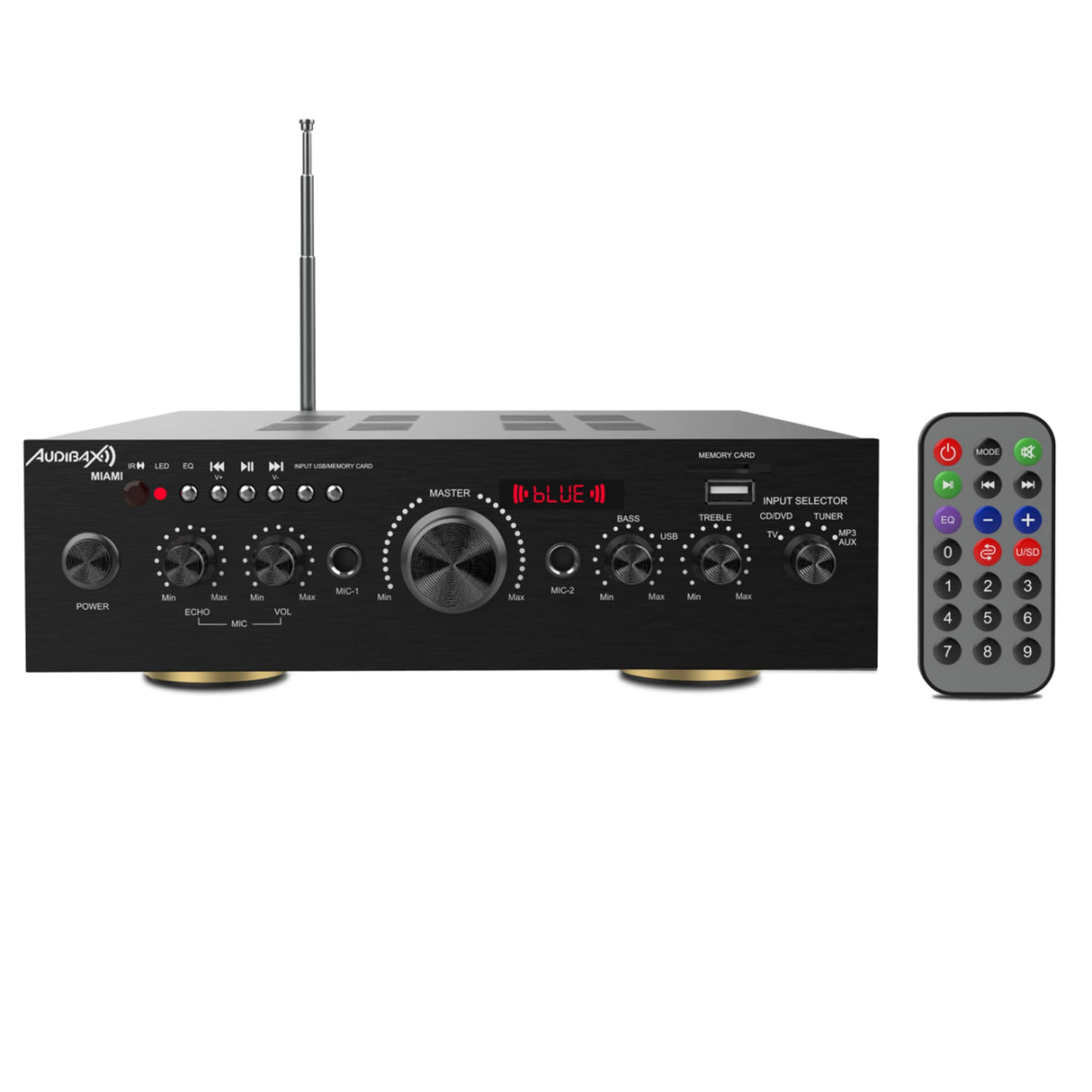 Audibax Miami - Amplificador de Audio HiFi - Conexión Bluetooth - Potencia de 100W + 100W - Entradas para Micrófonos, SD y USB - Amplificador HiFi Estéreo con Reproductor MP3 y Radio FM