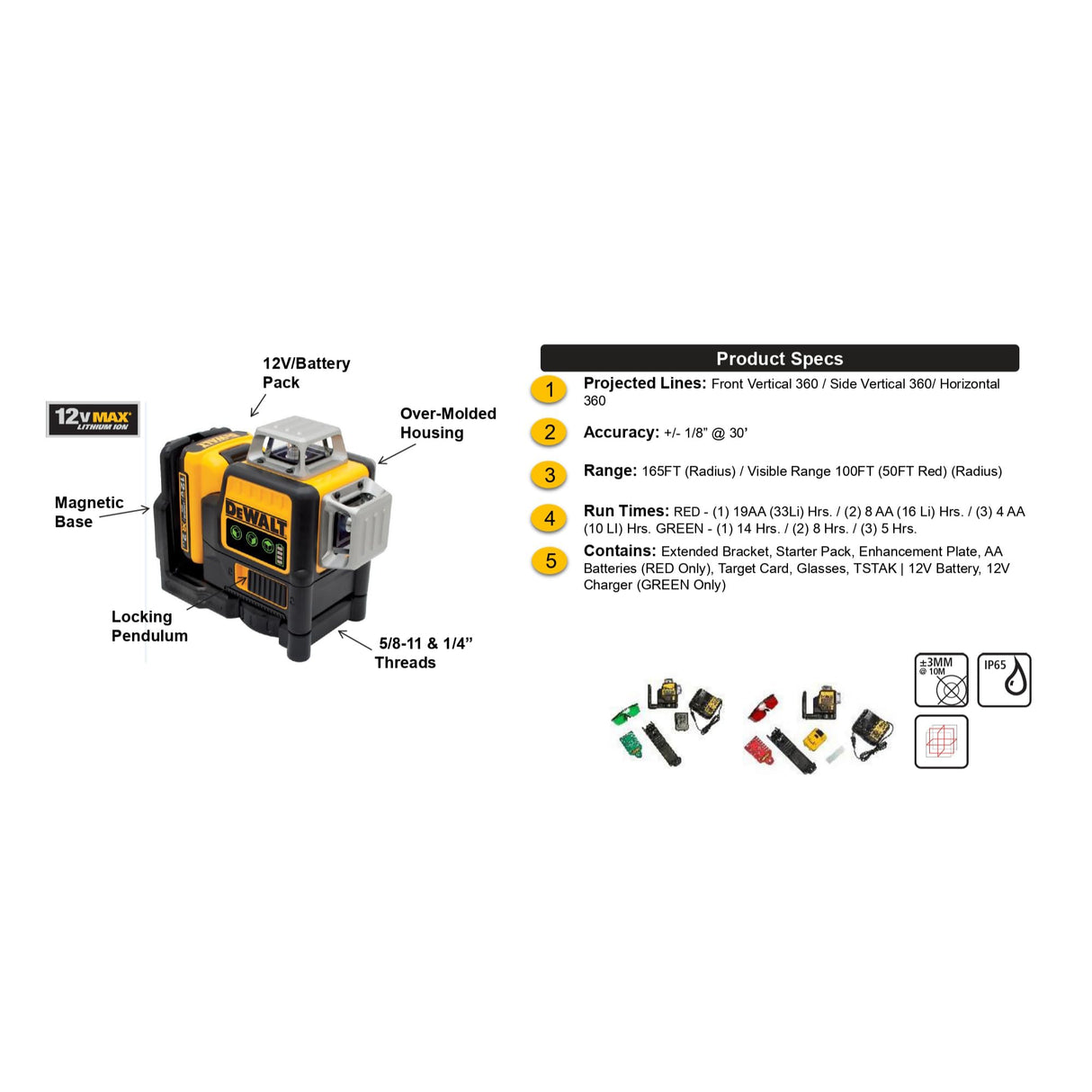 DEWALT DCE089D1R-QW - Láser Autonivelante 3 Líneas 360º con Batería DW 12V, Alcance 30m (50m con receptor), Precisión +/-3mm@10m, IP65 Resistente, Incluye Maletín y Accesorios