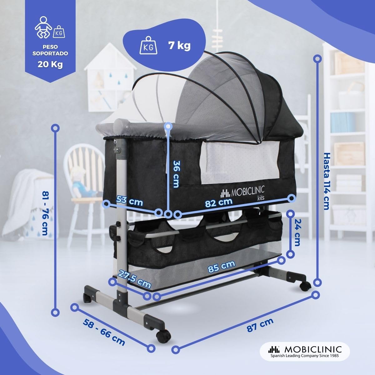 Mobiclinic®, Cuna 3 en 1, Night, Altura Ajustable, Colchón, Mosquitera, Ruedas 360º, Correas de Sujeción, Cesta de Almacenamiento, hasta 20 kg, Negro