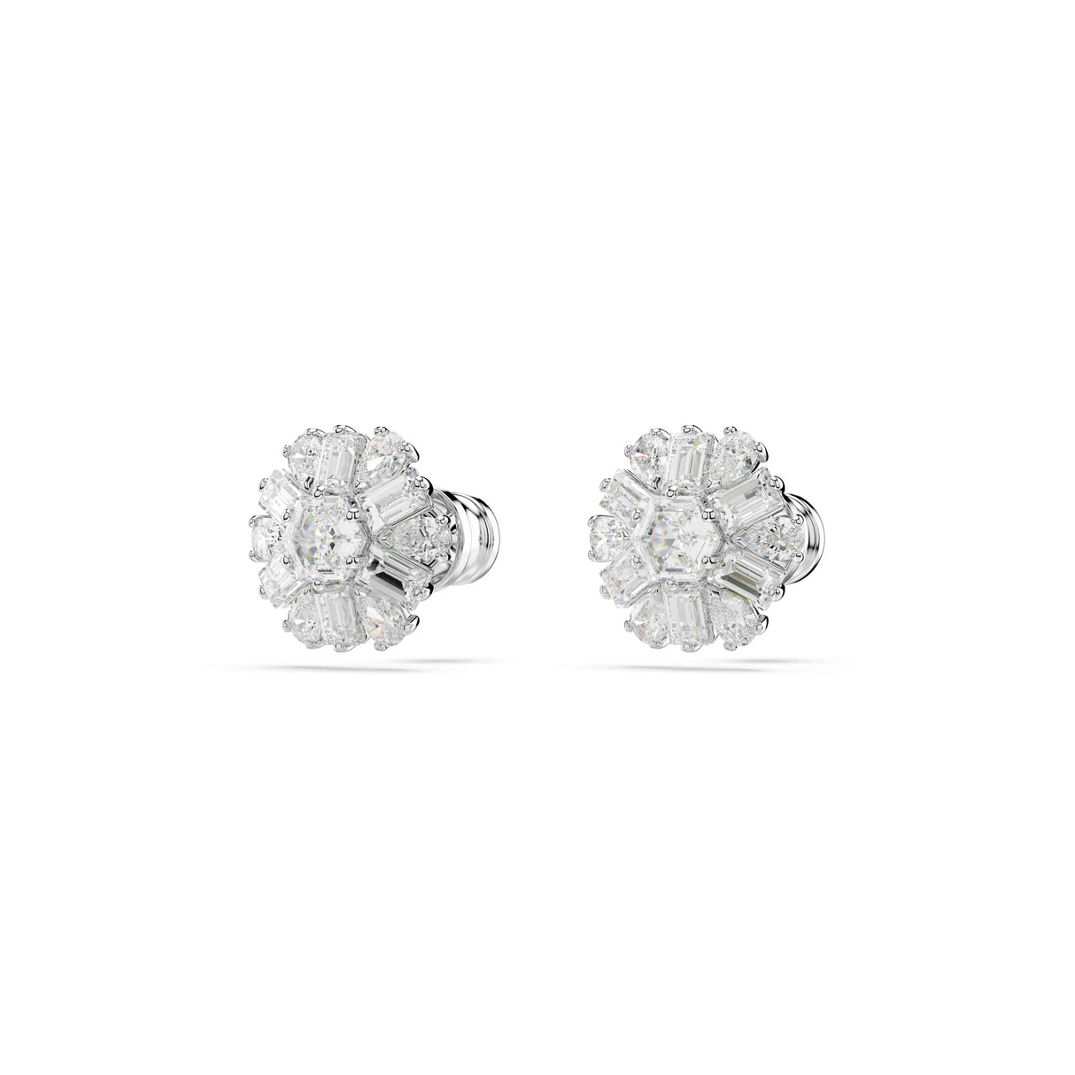 Swarovski Pendientes de botón Idyllia, Tallas mixtas, Copo de nieve, Blancos, Baño de rodio