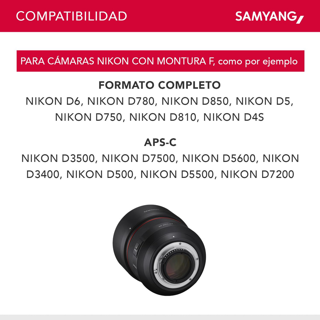 Samyang SA7073 - Objetivo AF para cámara Nikon F (85 mm, F1.4 F, 85 mm, formato completo, sin espejo, réflex, formato completo y APS-C, con montura Nikon F, rosca de filtro de 77 mm) negro