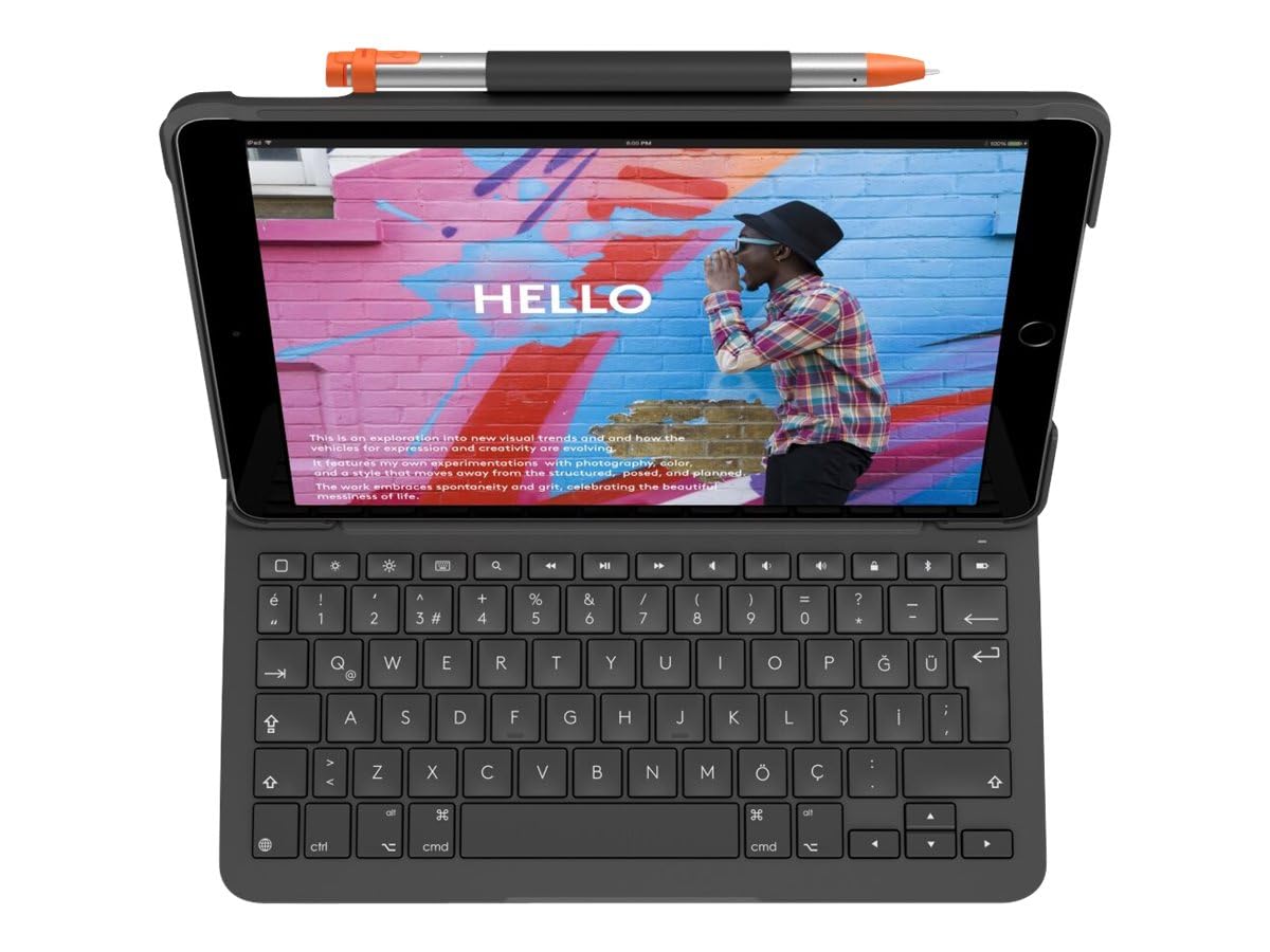 Logitech Slim Folio para iPad 7a y 8a generación, Disposición QWERTY Inglés Reino Unido, Gris