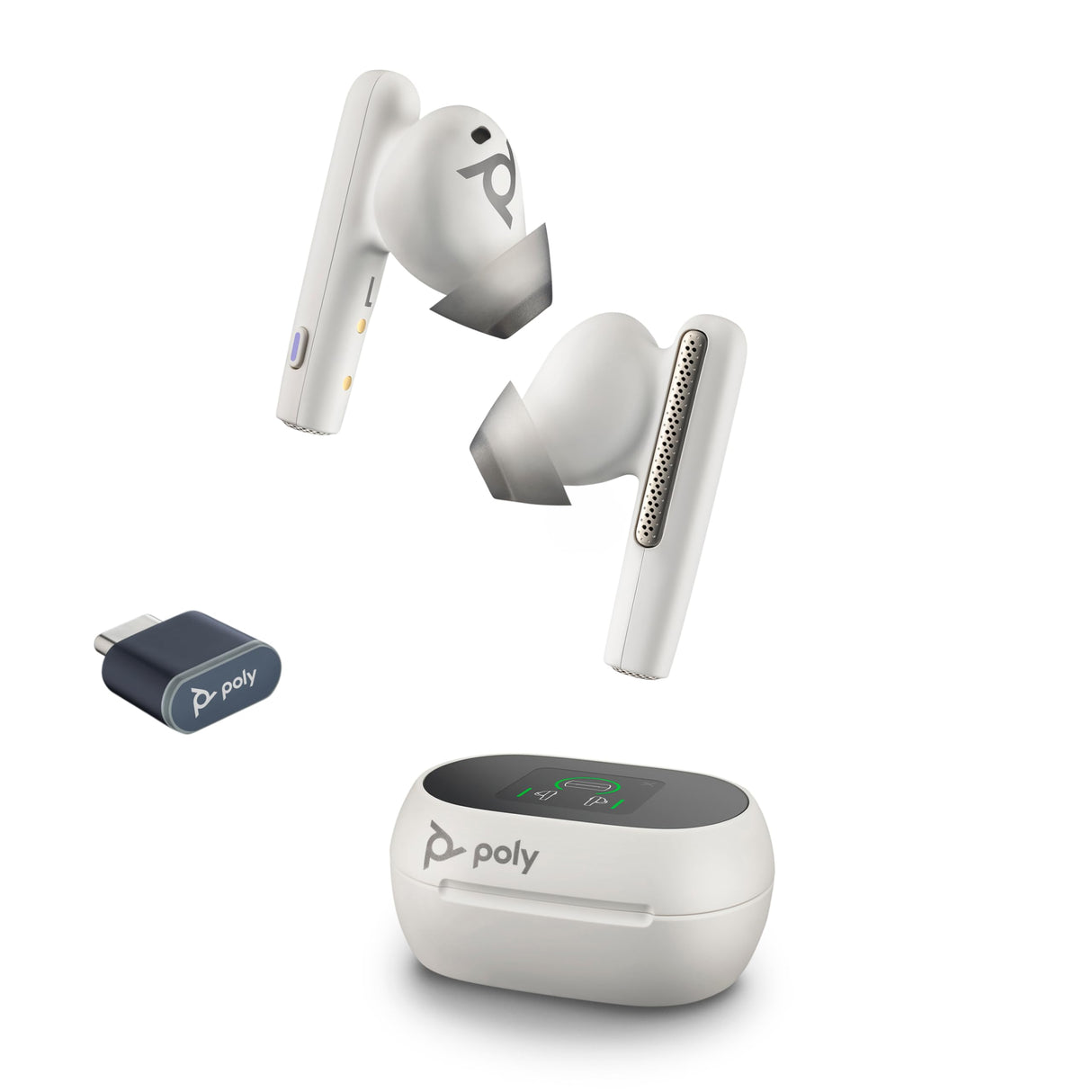 Auriculares inalámbricos Poly Voyager Free 60+ UC - Micrófonos con supresión de ruido para llamadas nítidas - ANC - Funda de carga con pantalla táctil - Funciona con iPhone, Android, PC/Mac - Blanco