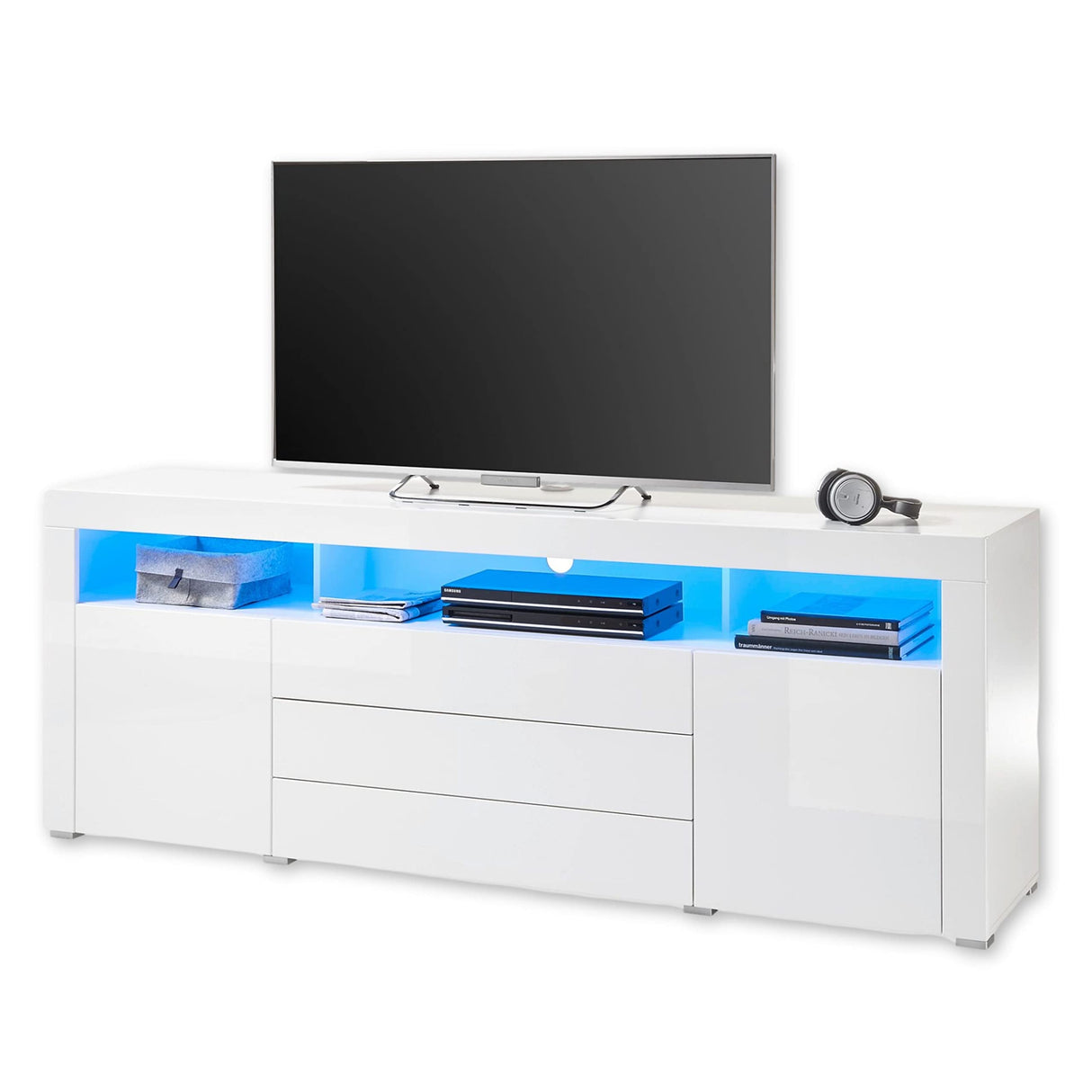 Stella Trading Mueble bajo Goal, Blanco Brillante con iluminación LED Azul, Armario Espacio de Almacenamiento para su salón, Material de Madera, TV-Lowboard 200 cm